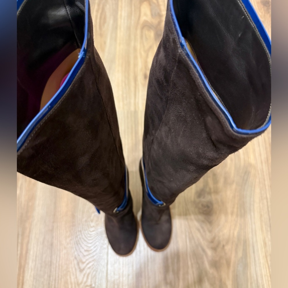 Gianmarco Lorenzi Brown Suede Knee High Boots Blue Patent Heel Size 39 - Picture 4 of 10